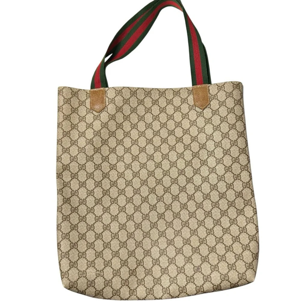 GUCCI Vintage GG Supreme Web Tote Bag Monogram Canvas Brown Leather Italy - Picture 10 of 16